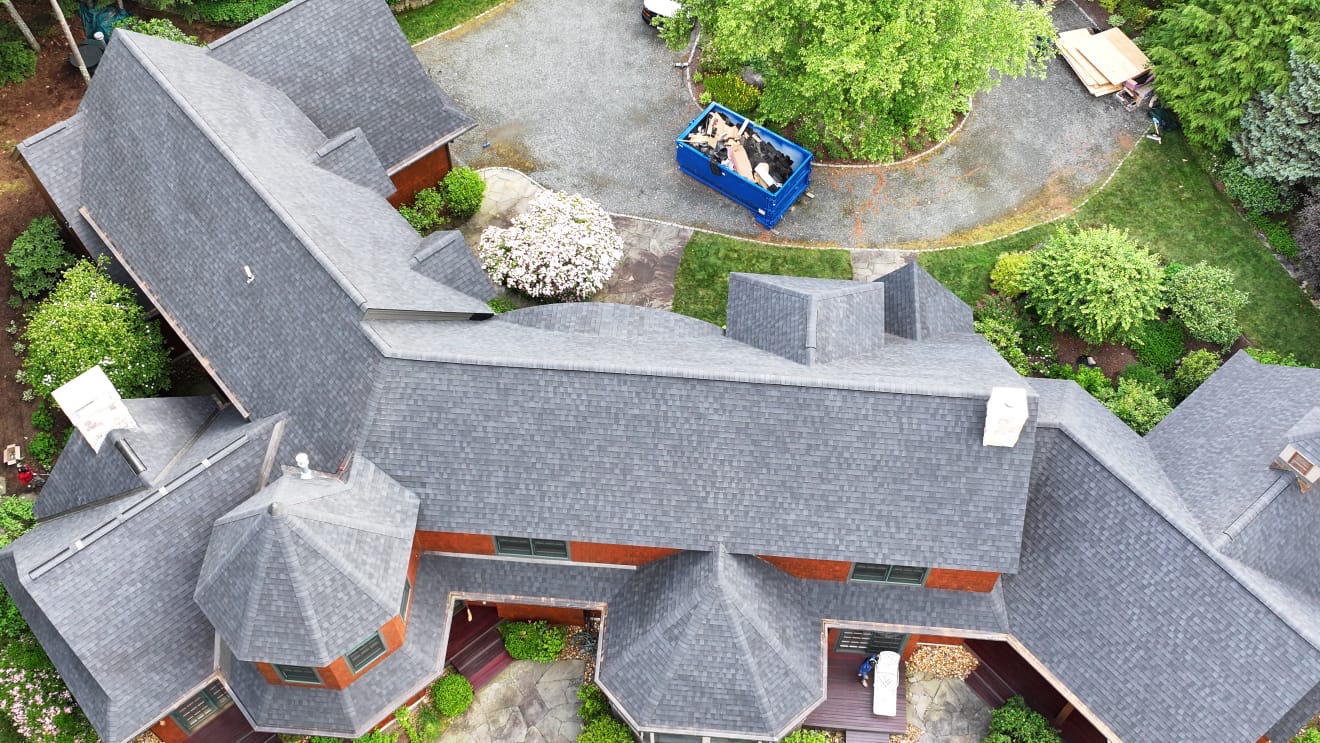 Aerial overhead roofing completed